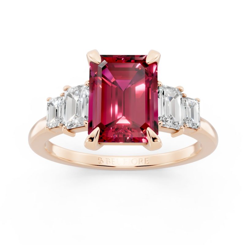 Classic Five Stone ruby Engagement Ring in rose gold, front view