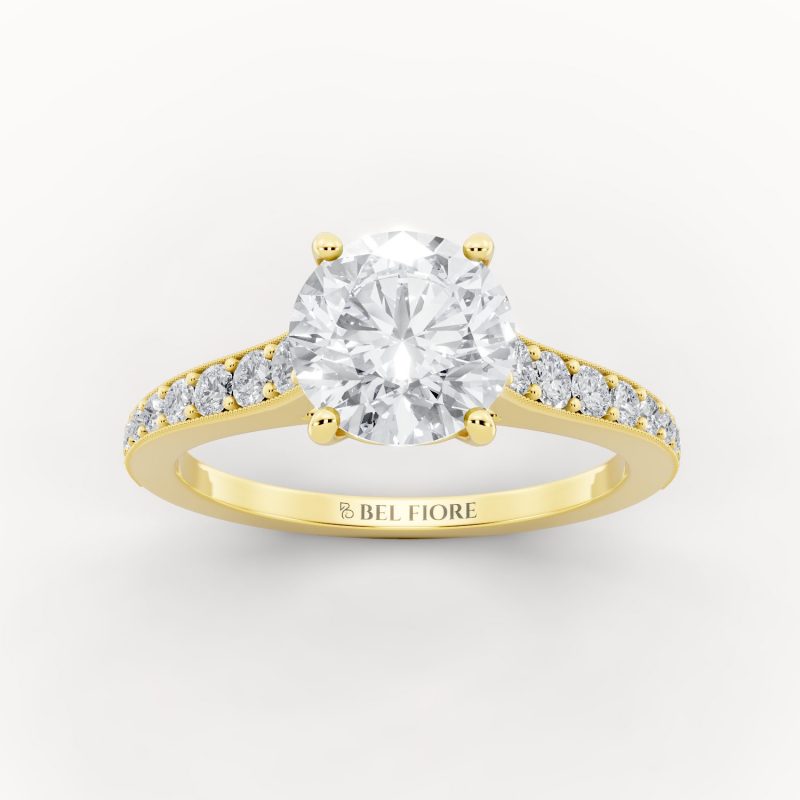 Milgrain Edge Tapered Shoulder Engagement Ring in yellow gold, front view