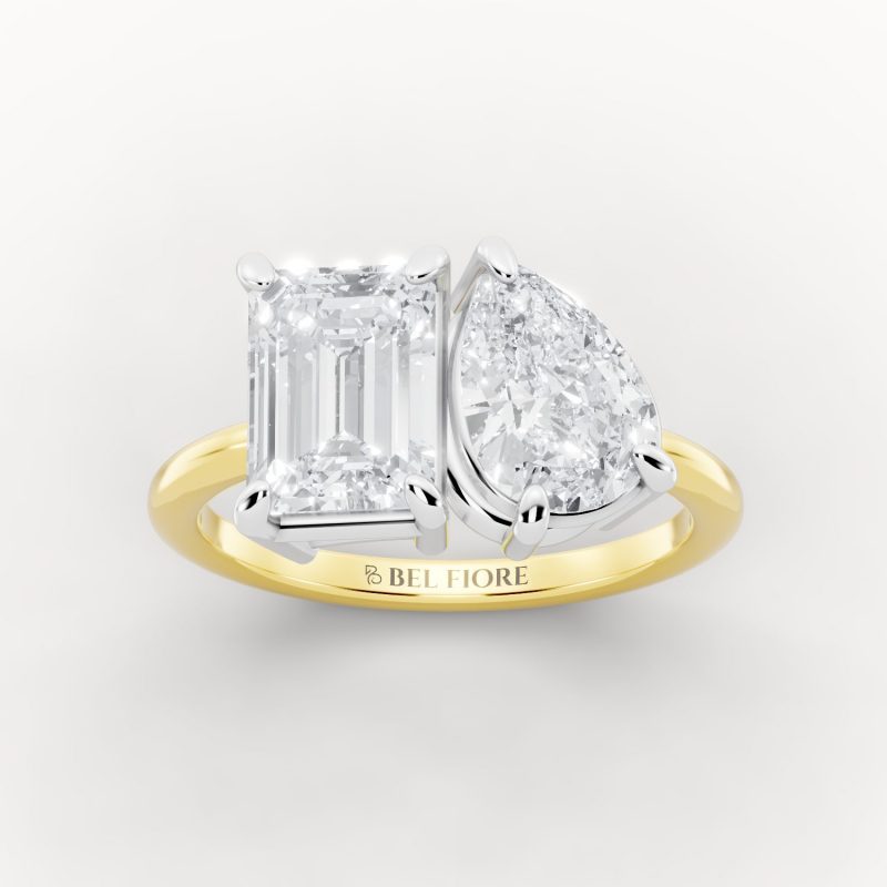 Emerald & Pear Toi et Moi Engagement Ring in white head, front view