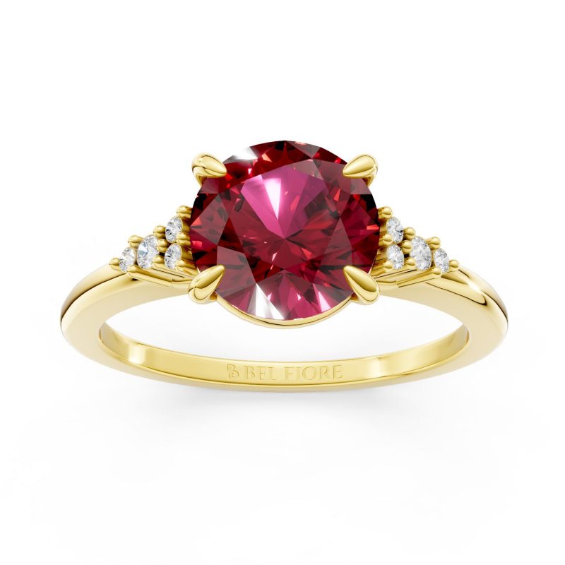 Side Stone ruby Engagement Ring in yellow gold, front view