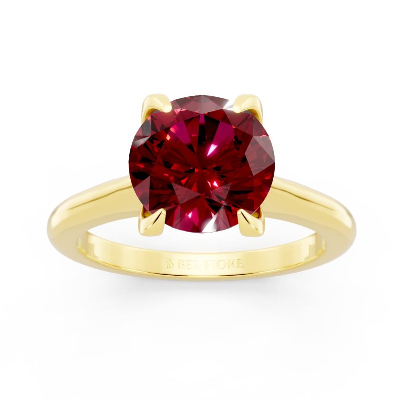 Cathedral Solitaire ruby Engagement Ring in yellow gold, front view