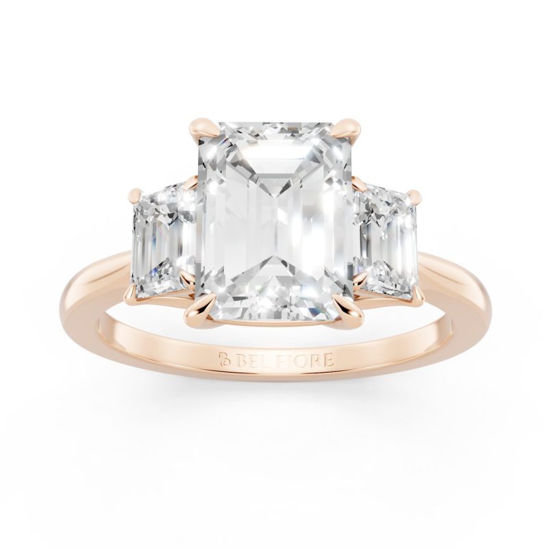 Three Stone white Engagement Ring in rose gold, front view