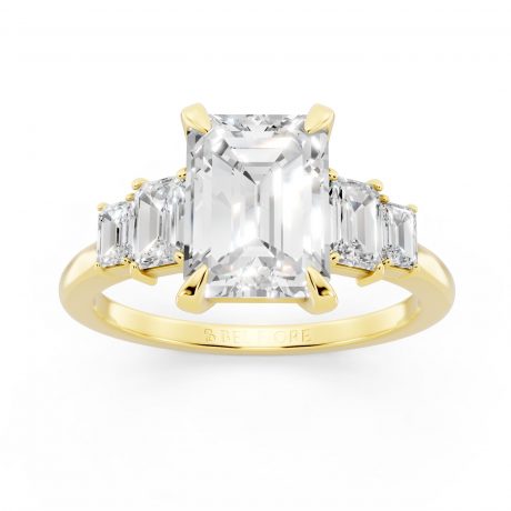 Classic Five Stone white Engagement Ring in yellow gold, front view