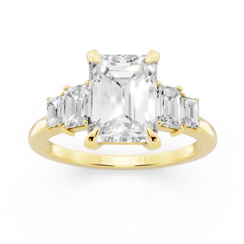 Classic Five Stone white Engagement Ring in yellow gold, front view