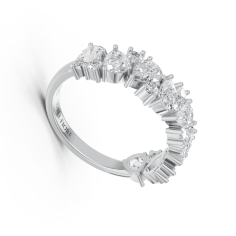 Mixed-shape diamond wedding ring in white gold, angled view