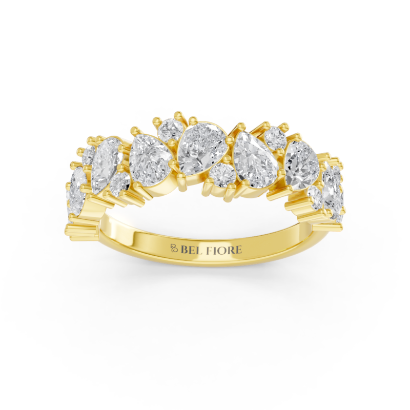 Mixed-shape diamond wedding ring in yellow gold, front view