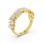 Mixed-shape diamond wedding ring in yellow gold, angled view