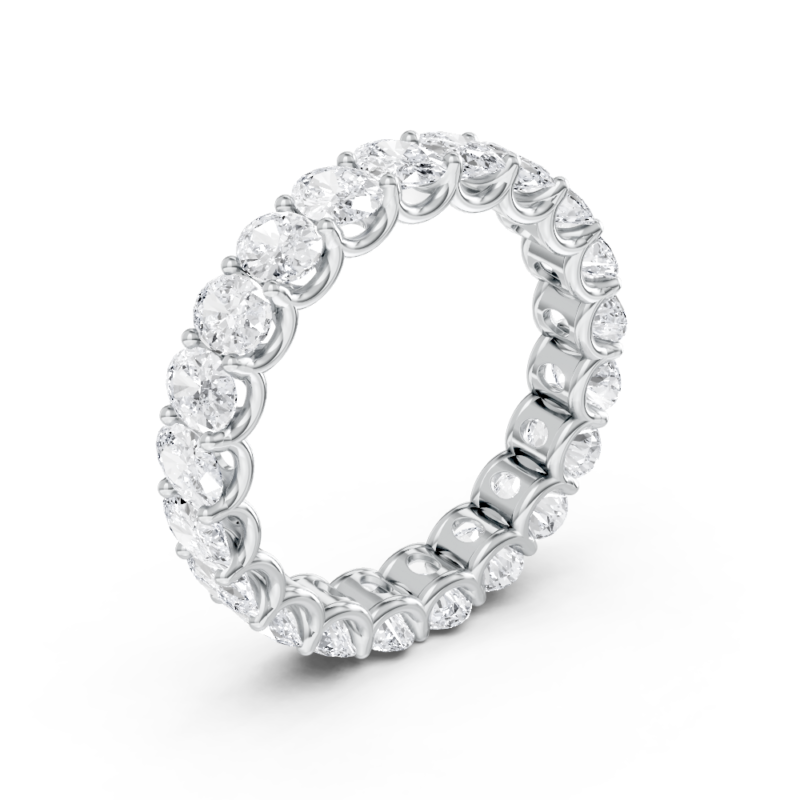 Oval eternity diamond wedding ring in white gold, top view