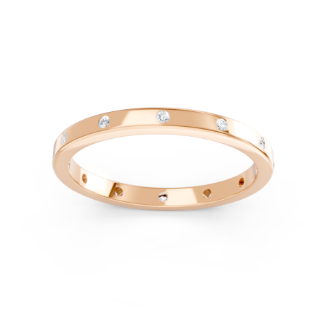 Flush-set diamond wedding ring in rose gold, top view
