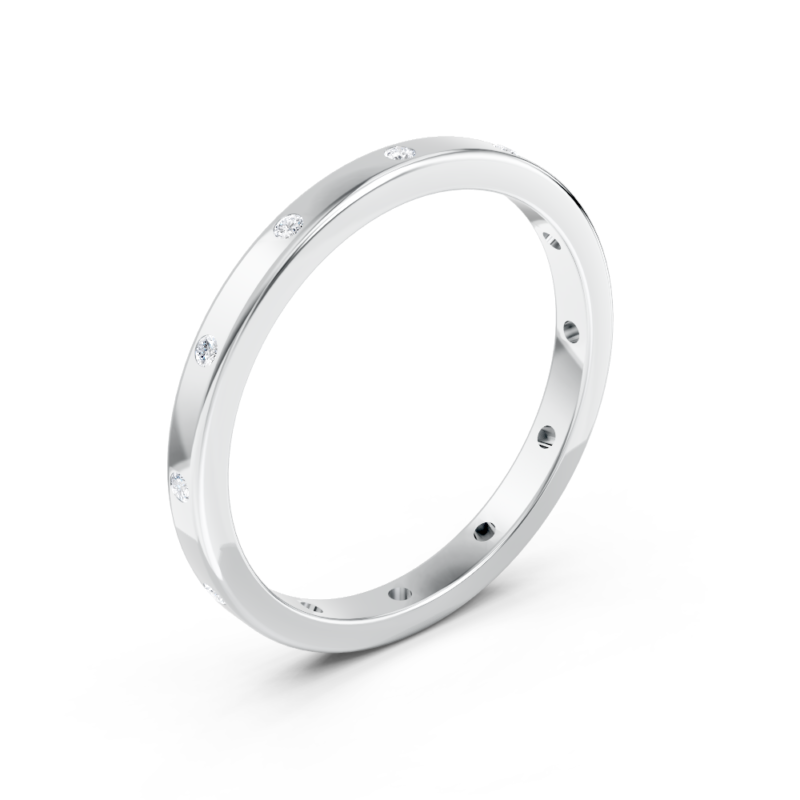 Flush-set diamond wedding ring in white gold, angled view