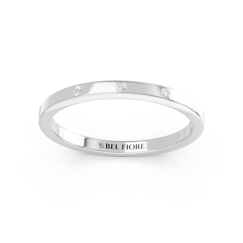 Three diamond plain wedding ring in white gold, front view