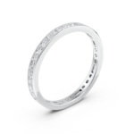 Round and baguette eternity diamond wedding ring in white gold, top view