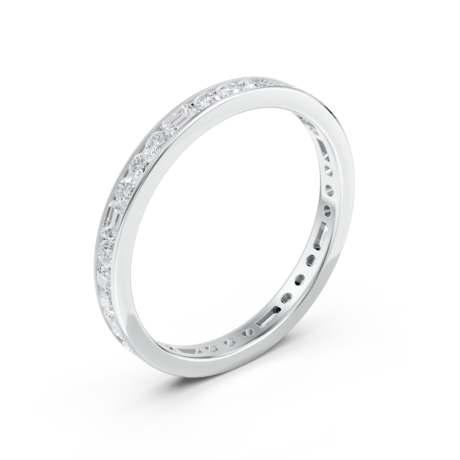 Round and baguette eternity diamond wedding ring in white gold, top view
