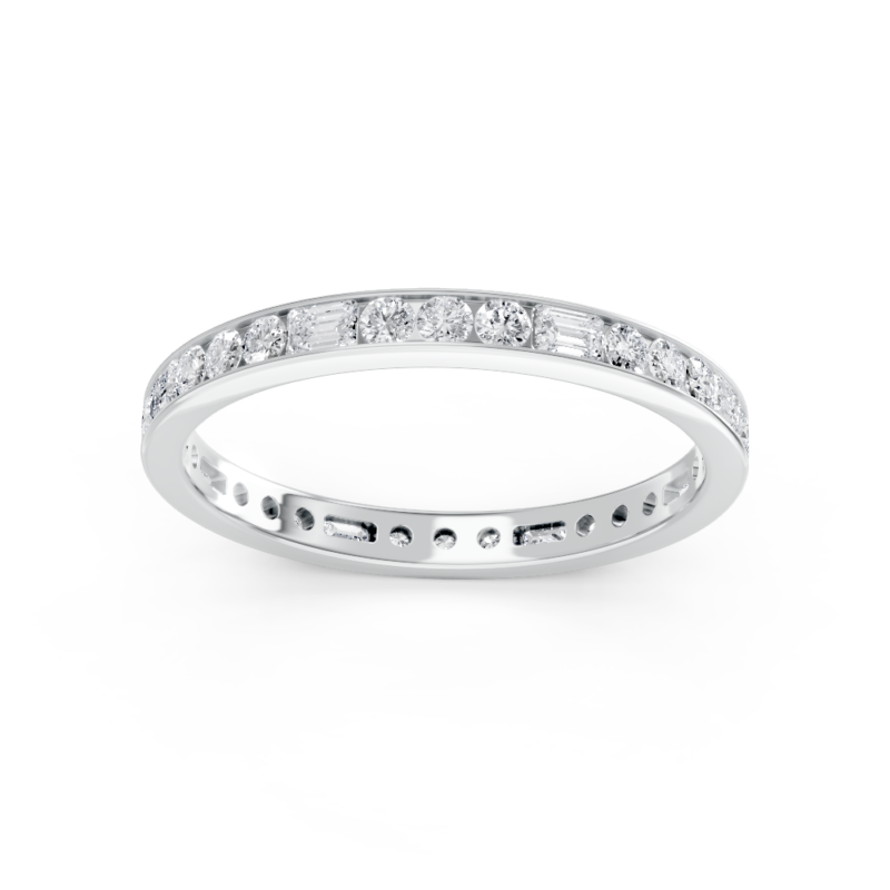Round and baguette eternity diamond wedding ring in white gold, front view