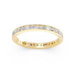 Round and baguette eternity diamond wedding ring in yellow gold, front view