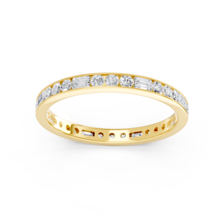 Round and baguette eternity diamond wedding ring in yellow gold, front view