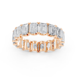 Emerald cut eternity diamond wedding ring in rose gold, front view