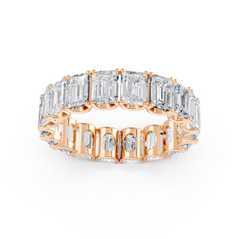 Emerald cut eternity diamond wedding ring in rose gold, front view