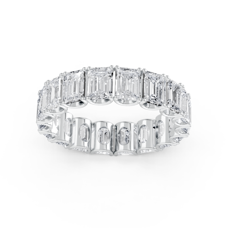 Emerald cut eternity diamond wedding ring in white gold, front view