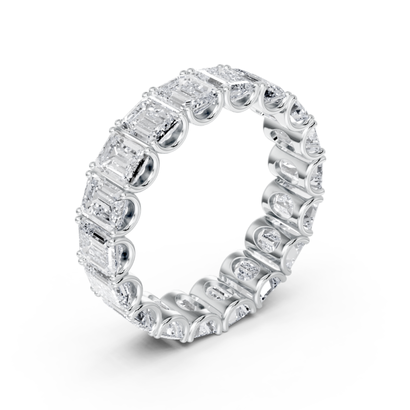 Emerald cut eternity diamond wedding ring in white gold, top view