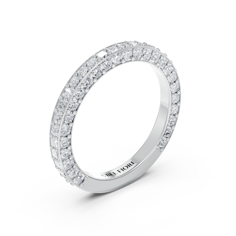 Knife-edge pavé diamond wedding ring in white gold, top view